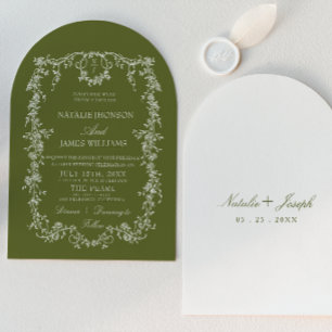 Klassieke bloemige olijfgroene monogram gebogen tr kaart
