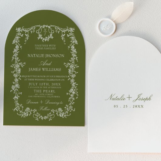 Klassieke bloemige olijfgroene monogram gebogen tr kaart