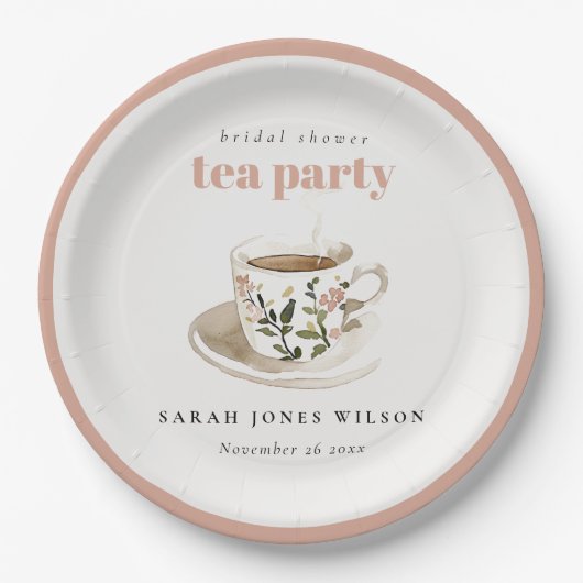 Klassieke bloemige theekop bruidsshower theepartij papieren bordje (Voorkant)