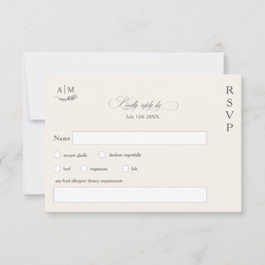Klassieke bloemmonogram grijze ivoorbruiloft RSVP kaartje (Voorkant)