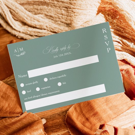 Klassieke bloemmonogram groene bruiloft RSVP kaartje