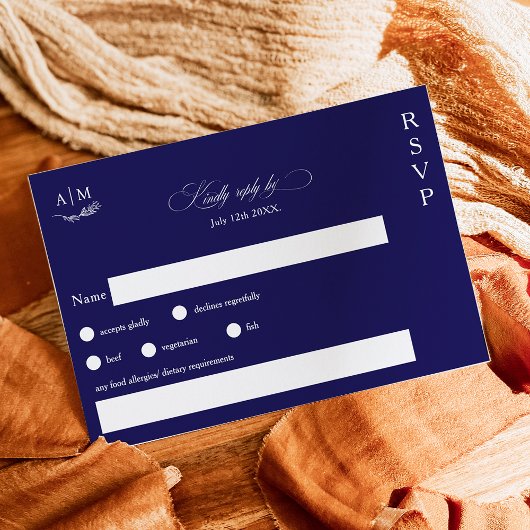 Klassieke bloemmonogram navy blue bruiloft RSVP kaartje