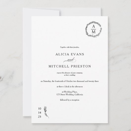 Klassieke bloemmonogram zwarte bruiloft foto kaart (Voorkant)