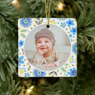 Klassieke bloemrijke lijst baby's eerste kerst keramisch ornament