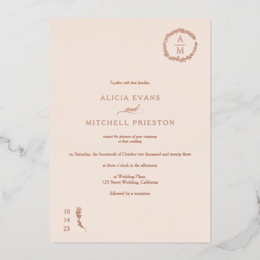 Klassieke bloemroze monogram bruiloft folie uitnodiging (Voorkant)