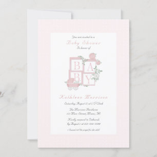 Klassieke blokken en wagen baby shower uitnodiging