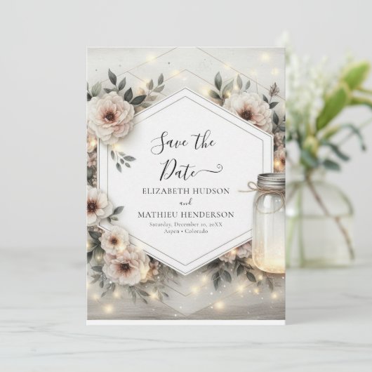 Klassieke Bloom Mason Jar bruiloft Save The Date (Staand voorkant)