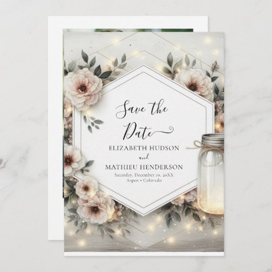 Klassieke Bloom Mason Jar bruiloft Save The Date (Voorkant / Achterkant)