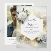 Klassieke Bloom Witte Rozen bruiloft Save The Date (Voorkant / Achterkant)