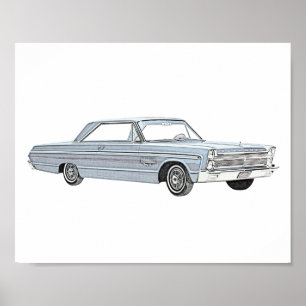 Klassieke Blue 1965 Plymouth Fury Pencil Tekening Poster