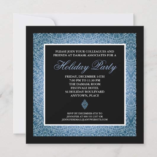 Klassieke Blue Damask Corporate Holiday Party Kaart (Voorkant)