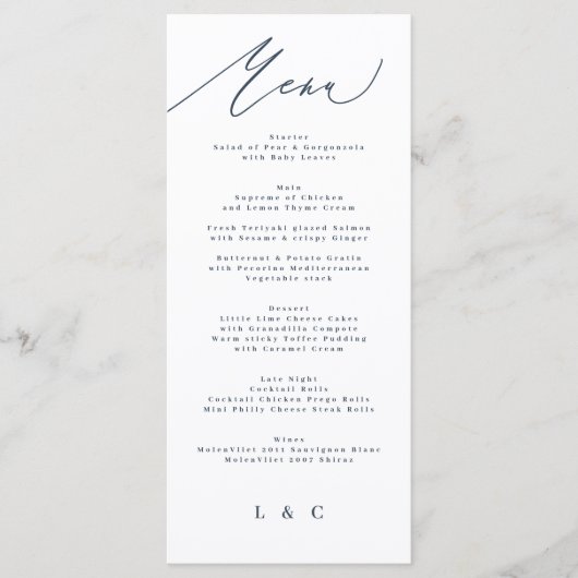 Klassieke Blue Elegant Navy White Calligraphy Menu (Voorkant)