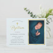 Klassieke Blue en Gold Script Boy Photo Baptisme Kaart (Staand voorkant)