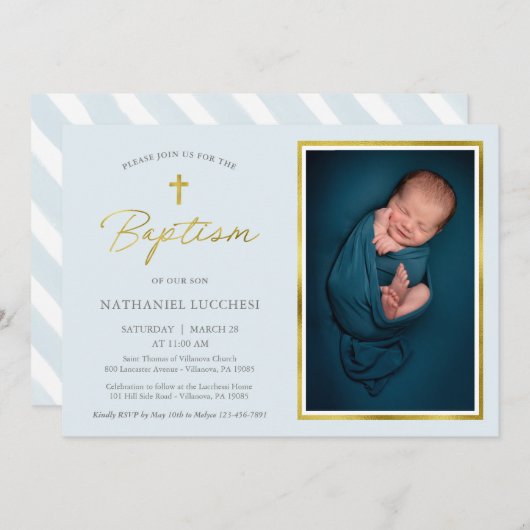 Klassieke Blue en Gold Script Boy Photo Baptisme Kaart (Voorkant / Achterkant)