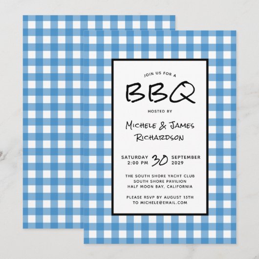 Klassieke Blue en White Gingham BBQ Picnic Party Kaart (Voorkant / Achterkant)