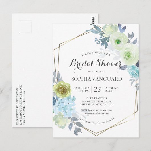 Klassieke Blue Floral Bridal Shower-uitnodiging Briefkaart (Voorkant / Achterkant)