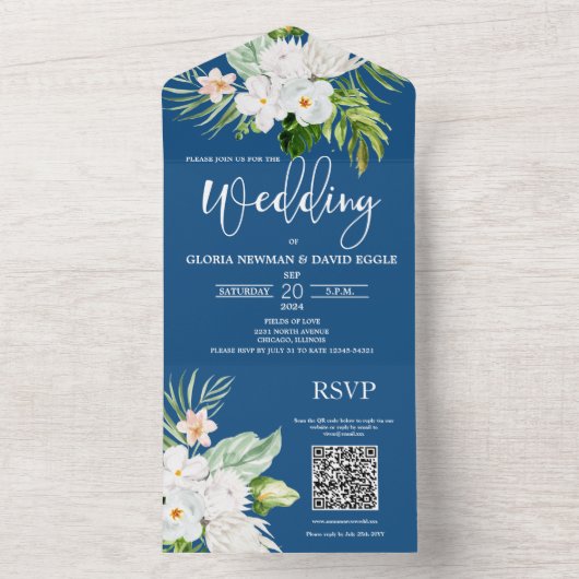 Klassieke Blue Floral QR-code in één uitnodiging (Binnen)