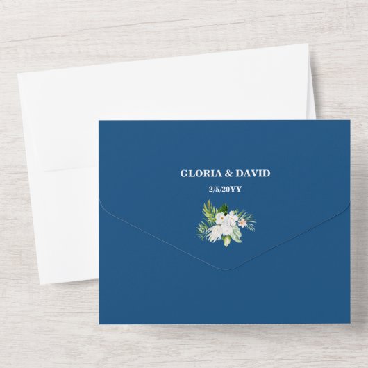 Klassieke Blue Floral QR-code in één uitnodiging (Achterkant)