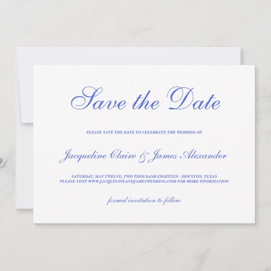 Klassieke Blue Floral Script Weddenschap Save the Date (Voorkant)