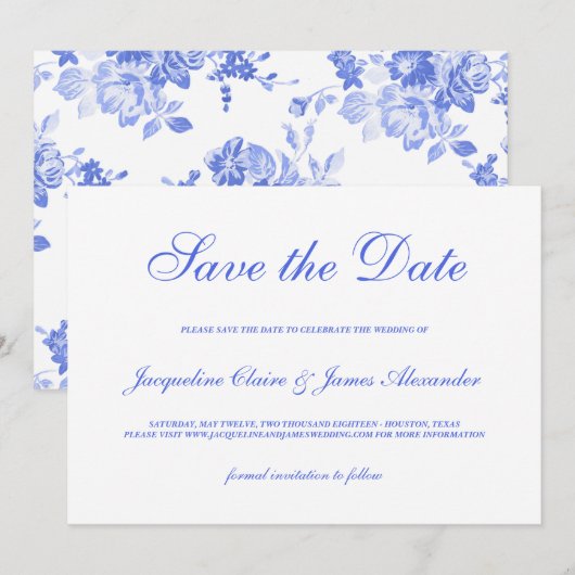 Klassieke Blue Floral Script Weddenschap Save the Save The Date (Voorkant / Achterkant)