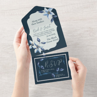 Klassieke Blue Floral Wedding All In One Uitnodiging