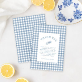 Klassieke Blue Gingham Rattle Boy Baby shower Bedankkaart