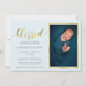 Klassieke Blue Gold Blessed Boy Foto Christening Kaart (Voorkant)