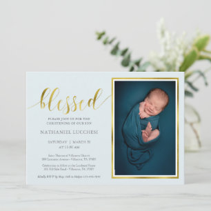 Klassieke Blue Gold Blessed Boy Foto Christening Kaart