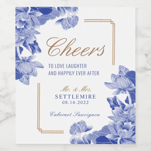 Klassieke Blue Gold Floral Chinoiserie Weddenwijn Wijn Etiket (Enkel label)
