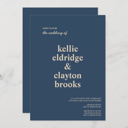 Klassieke Blue Modern Type Wedding Uitnodiging (Voorkant / Achterkant)
