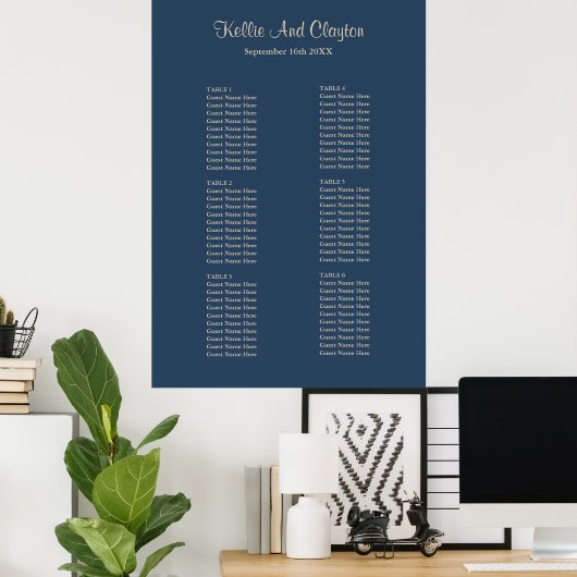Klassieke Blue Simple Wedding Seating Chart Poster (Thuiskantoor)