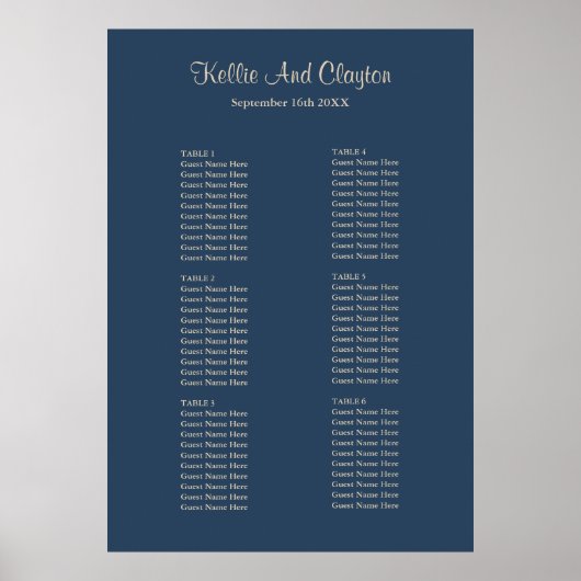 Klassieke Blue Simple Wedding Seating Chart Poster (Voorkant)