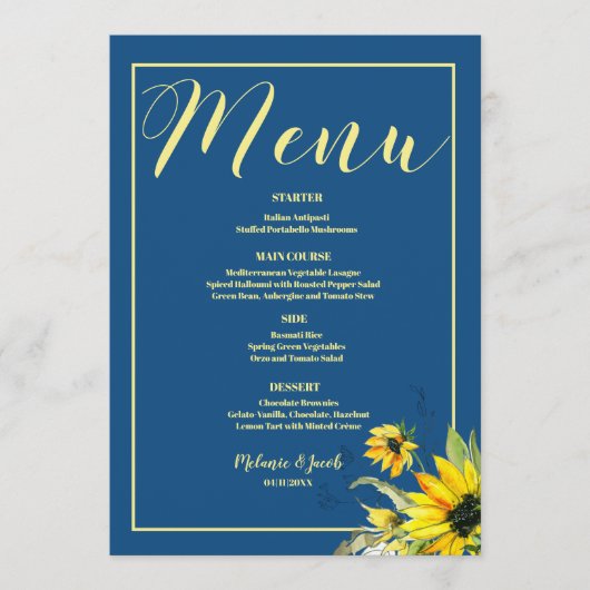 Klassieke Blue Sunflower bruiloft Menu (Voorkant)