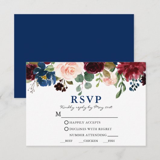 Klassieke Blue Waterverf Floral Wedding Meal RSVP Kaartje (Voorkant / Achterkant)