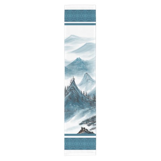 Klassieke Blue White Chinoiserie Mountains Paintin Korte Tafelloper (Voorkant)