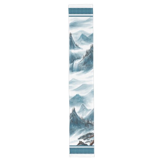 Klassieke Blue White Chinoiserie Mountains Paintin Lange Tafelloper (Voorkant)