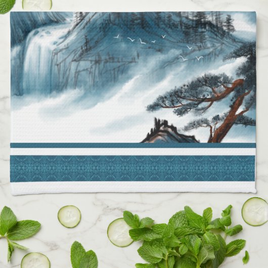 Klassieke Blue White Chinoiserie Mountains Paintin Theedoek (Gevouwen)