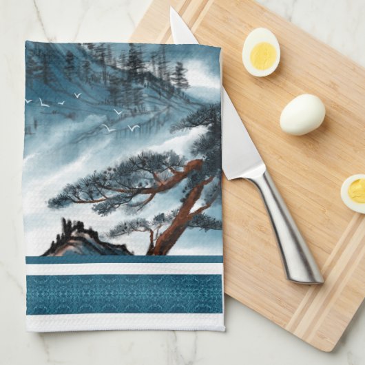 Klassieke Blue White Chinoiserie Mountains Paintin Theedoek (Quarter Fold)