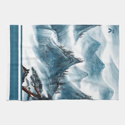 Klassieke Blue White Chinoiserie Mountains Paintin Theedoek (Horizontaal)