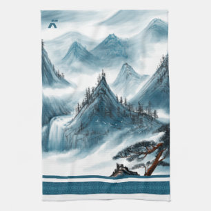 Klassieke Blue White Chinoiserie Mountains Paintin Theedoek
