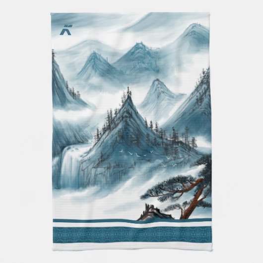 Klassieke Blue White Chinoiserie Mountains Paintin Theedoek (Verticaal)