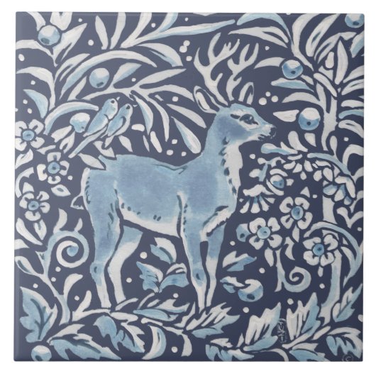 Klassieke Blue White  Deer Forest Birds Art Tegeltje (Voorkant)
