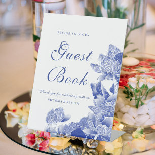 Klassieke Blue White Floral Wedding Guestbook Sign Reclamebord Met Voetstuk