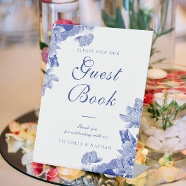 Klassieke Blue White Floral Wedding Guestbook Sign Reclamebord Met Voetstuk