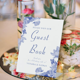 Klassieke Blue White Floral Wedding Guestbook Sign Reclamebord Met Voetstuk
