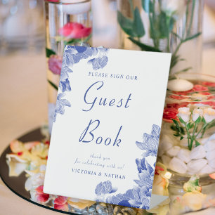 Klassieke Blue White Floral Wedding Guestbook Sign Reclamebord Met Voetstuk