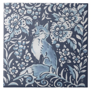 Klassieke Blue White fox Forest Floral Art Tegeltje