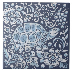 Klassieke Blue White  Turtle Forest Floral Art Tegeltje