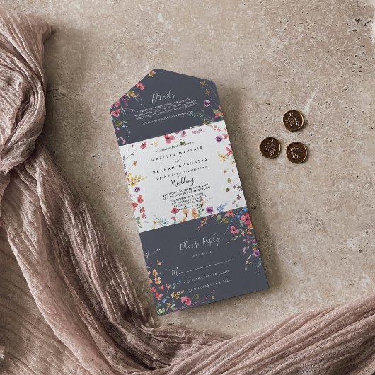 Klassieke Blue Wild Floral Wedding All In One Uitnodiging