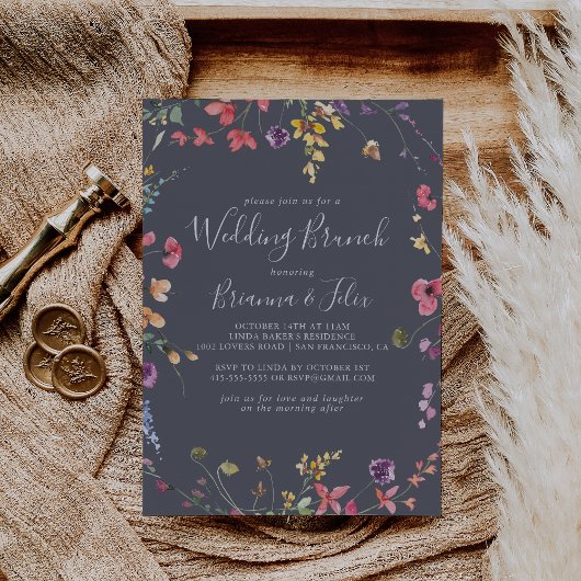 Klassieke Blue Wild Floral Wedding Brunch Kaart